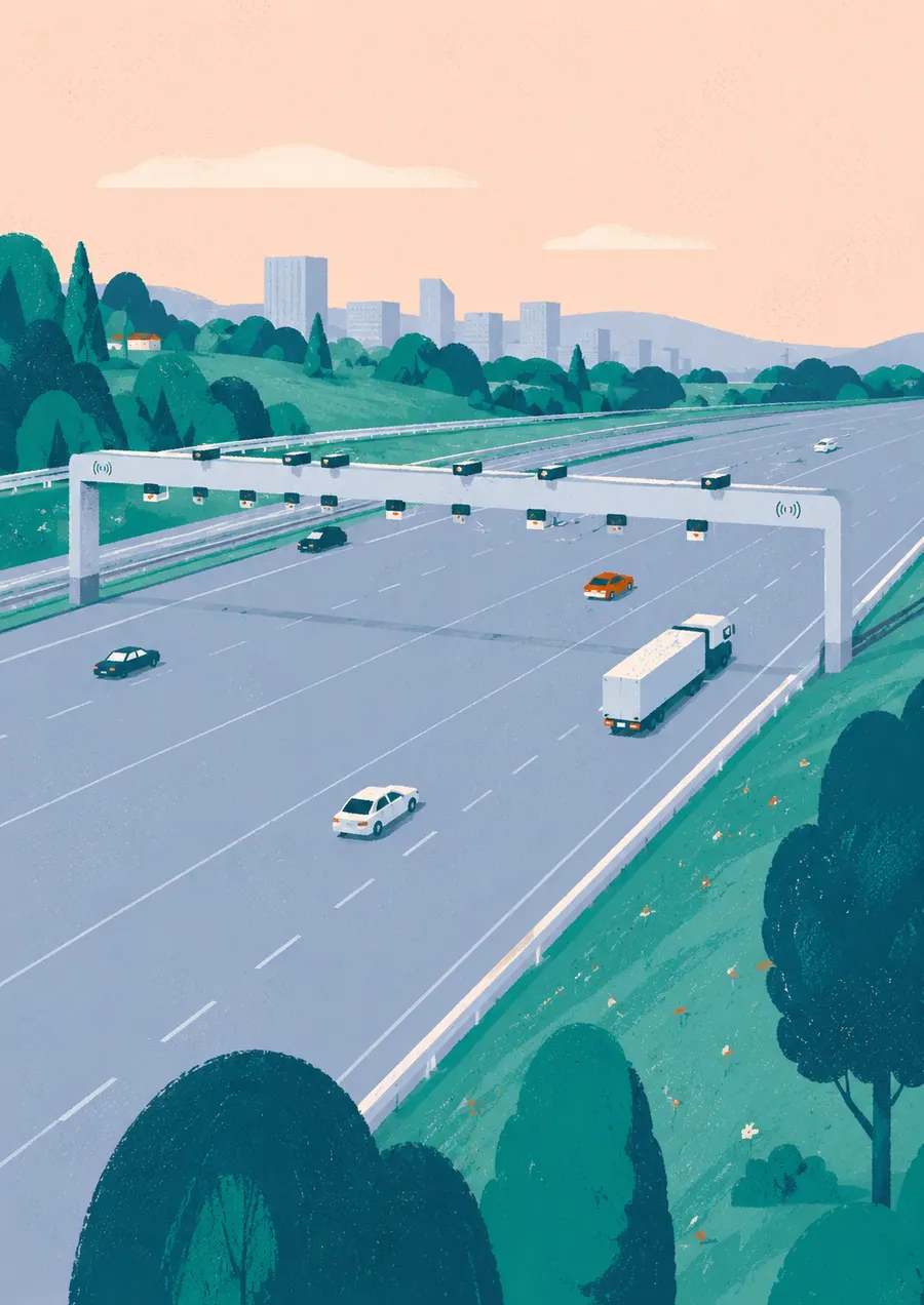 Autopista con pórtico de peaje en flujo libre (free flow)