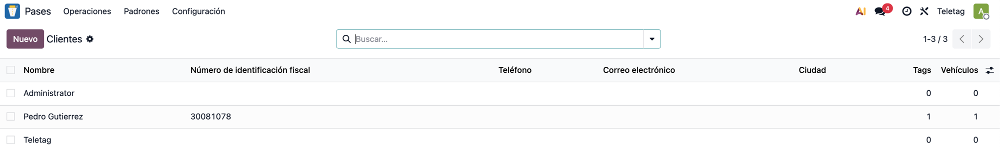 Vista de Clientes en Teletag